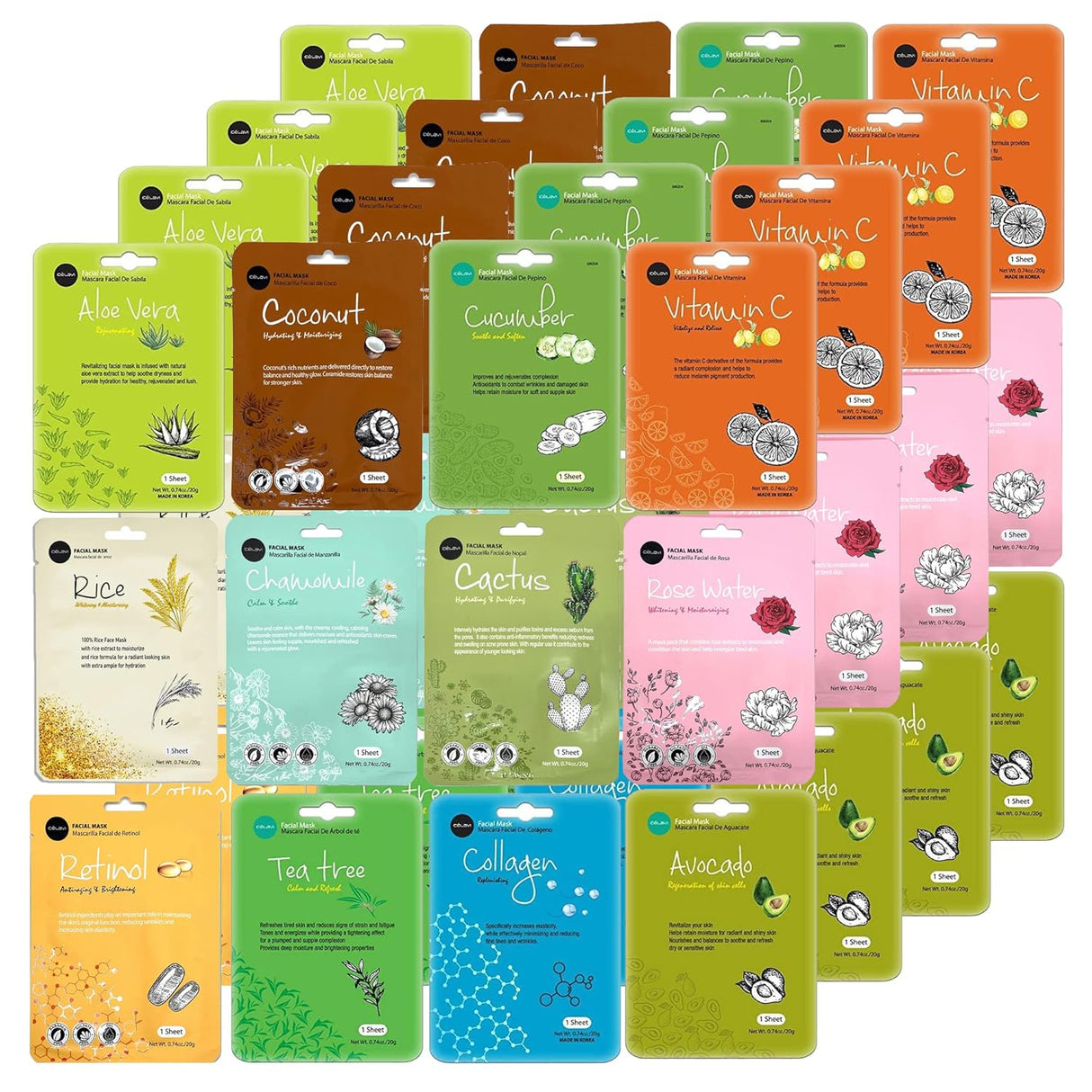 Celavi Essence Facial Sheet Face Mask Variety Set Classic Authentic Korean Moisturizing Skincare (12 - Packs) - Vamzn#
