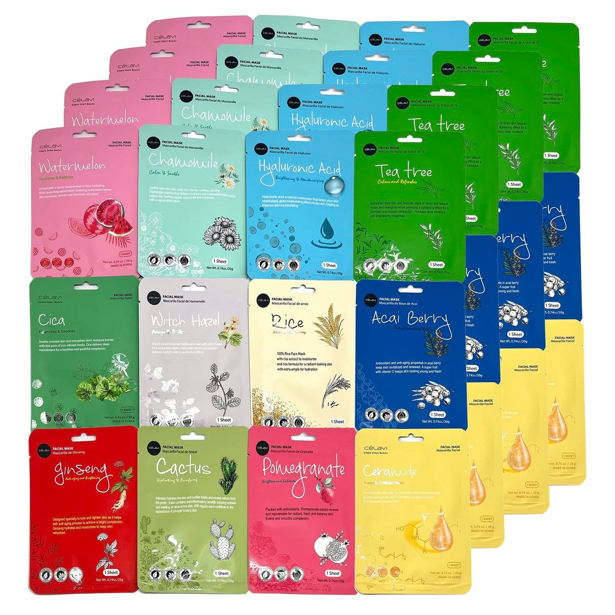 Celavi Essence Facial Sheet Face Mask Variety Set Classic Authentic Korean Moisturizing Skincare (12 - Packs) - Vamzn#