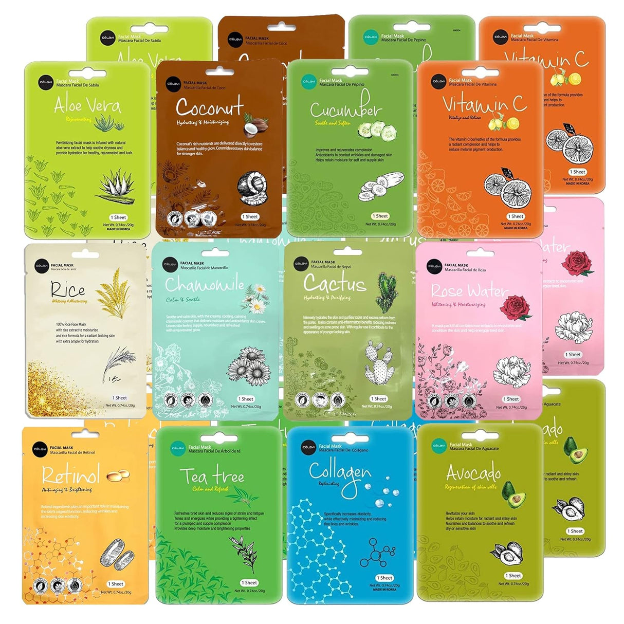Celavi Essence Facial Sheet Face Mask Variety Set Classic Authentic Korean Moisturizing Skincare (12 - Packs) - Vamzn#