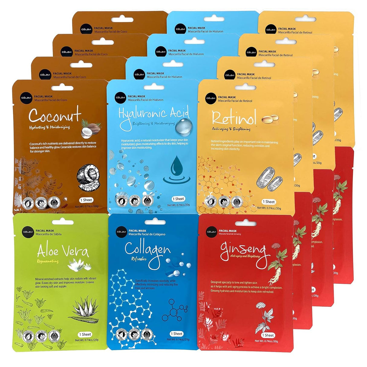 Celavi Essence Facial Sheet Face Mask Variety Set Classic Authentic Korean Moisturizing Skincare (12 - Packs) - Vamzn#