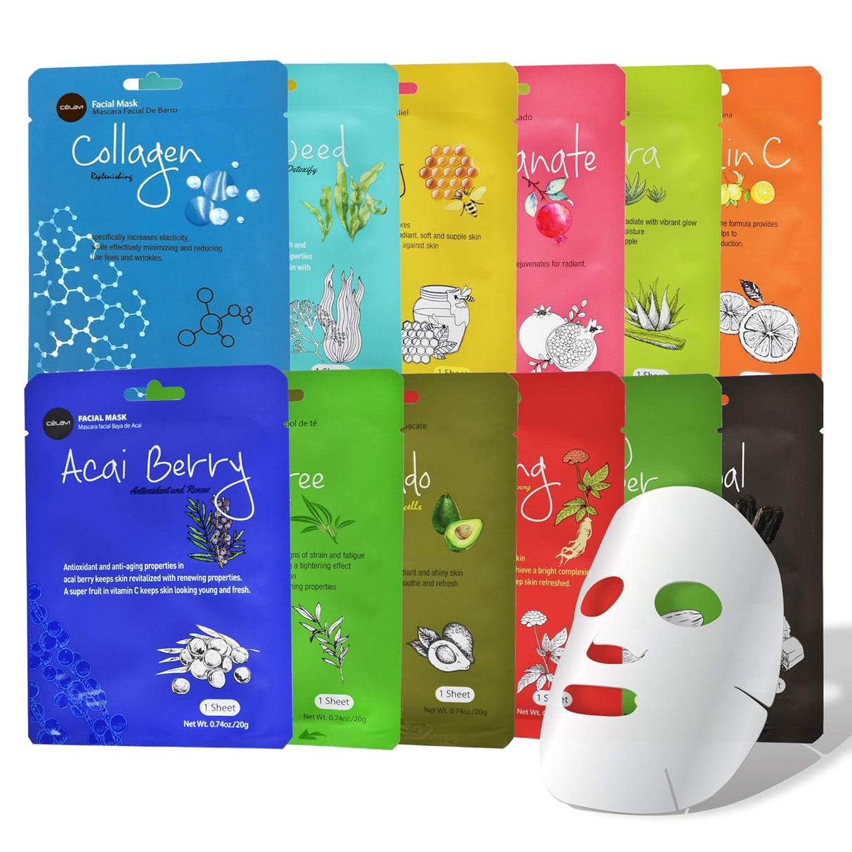 Celavi Essence Facial Sheet Face Mask Variety Set Classic Authentic Korean Moisturizing Skincare (12 - Packs) - Vamzn#