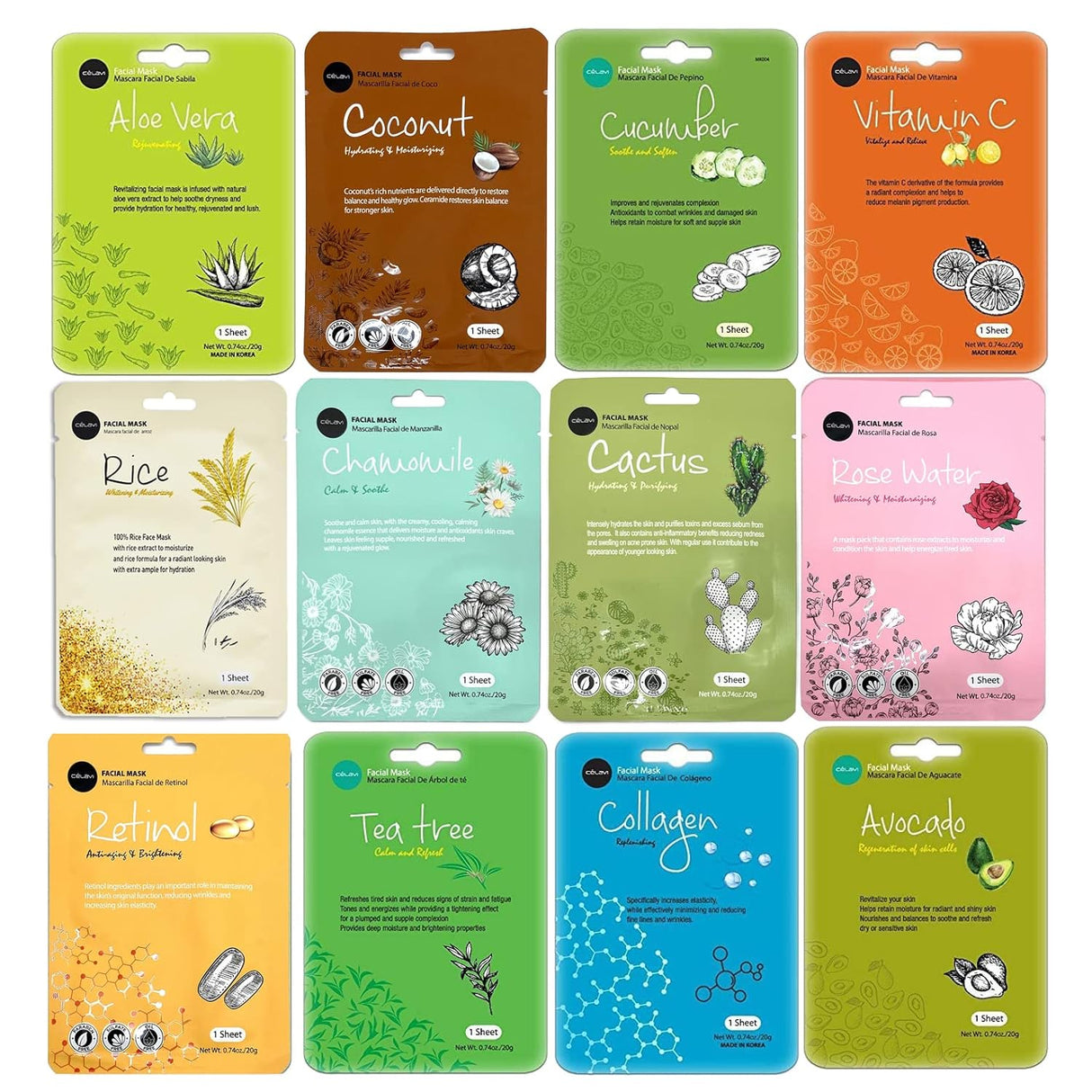 Celavi Essence Facial Sheet Face Mask Variety Set Classic Authentic Korean Moisturizing Skincare (12 - Packs) - Vamzn#