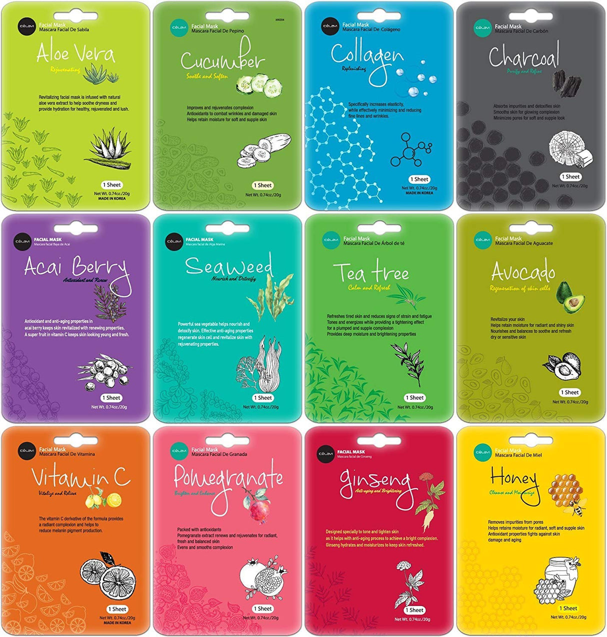 Celavi Essence Facial Sheet Face Mask Variety Set Classic Authentic Korean Moisturizing Skincare (12 - Packs) - Vamzn#