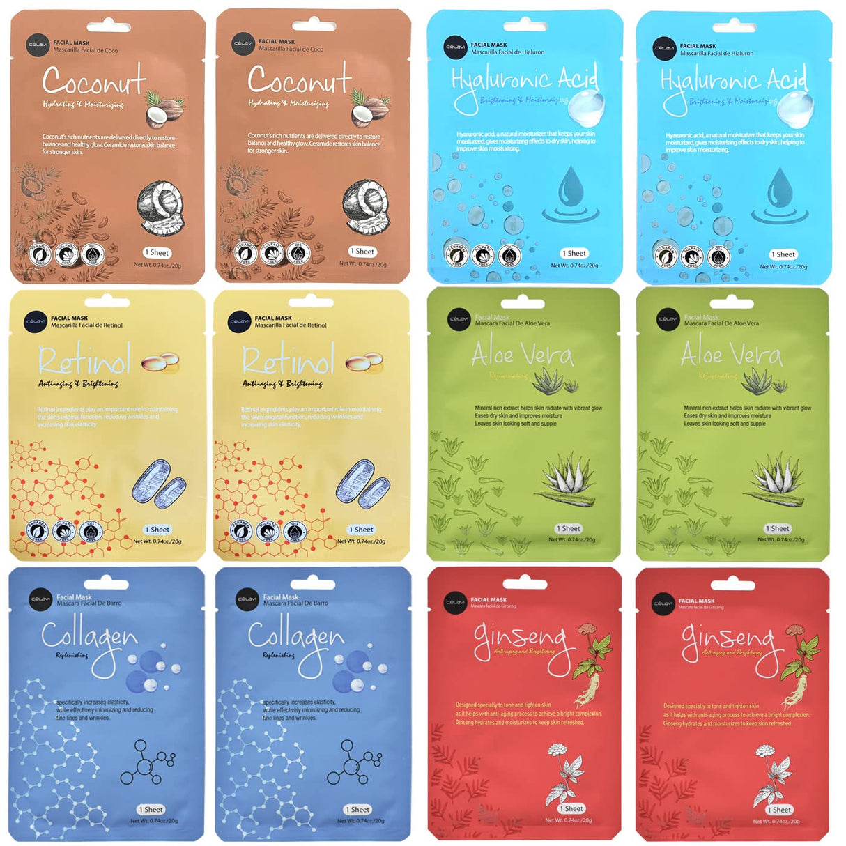 Celavi Essence Facial Sheet Face Mask Variety Set Classic Authentic Korean Moisturizing Skincare (12 - Packs) - Vamzn#