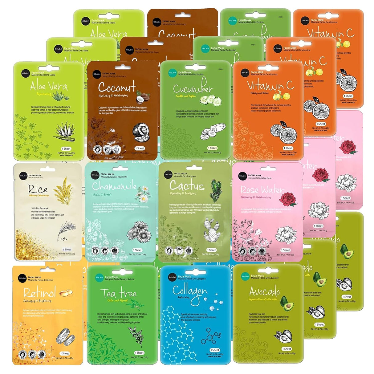 Celavi Essence Facial Sheet Face Mask Variety Set Classic Authentic Korean Moisturizing Skincare (12 - Packs) - Vamzn#