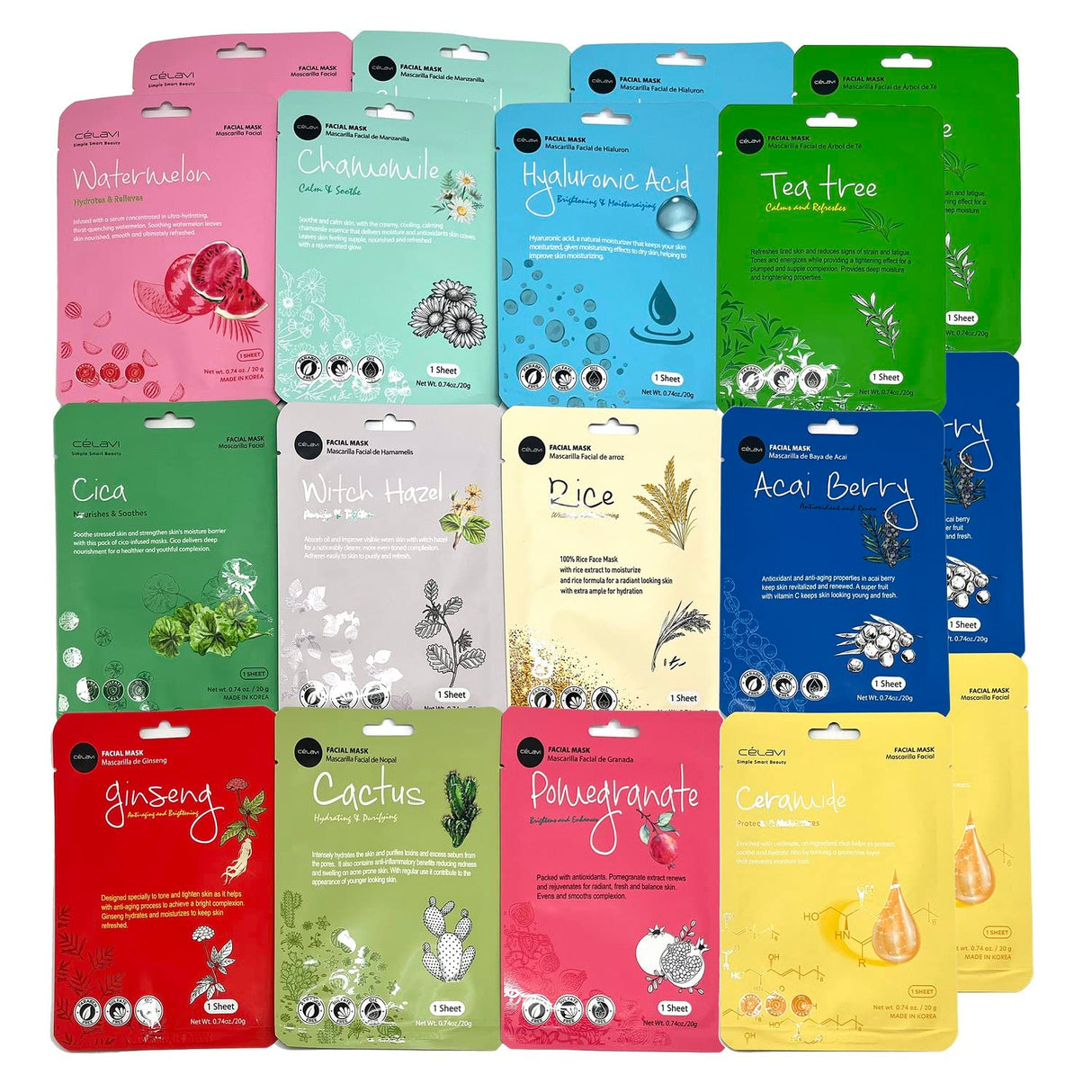 Celavi Essence Facial Sheet Face Mask Variety Set Classic Authentic Korean Moisturizing Skincare (12 - Packs) - Vamzn#