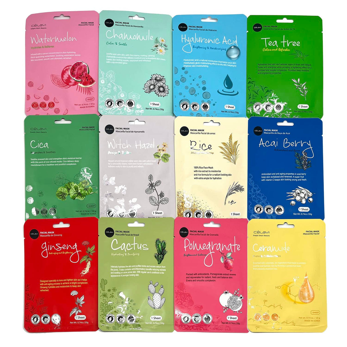 Celavi Essence Facial Sheet Face Mask Variety Set Classic Authentic Korean Moisturizing Skincare (12 - Packs) - Vamzn#