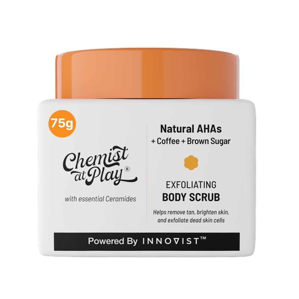 Chemist at Play Exfoliating Body Scrub For Removing Tan & Dead Skin Cells | Rough & Bumpy Skin, Tanned & Pigmented Skin | For Smooth, Soft & Bright Skin | Natural AHAs | Coffee | For Men & Women | 75g - Vamzn#