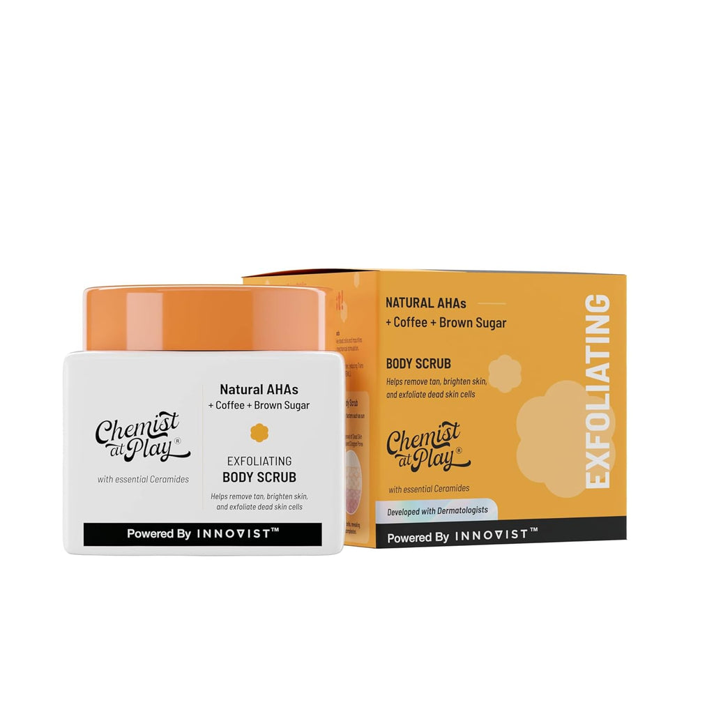 Chemist at Play Exfoliating Body Scrub For Removing Tan & Dead Skin Cells | Rough & Bumpy Skin, Tanned & Pigmented Skin | For Smooth, Soft & Bright Skin | Natural AHAs | Coffee | For Men & Women | 75g - Vamzn#