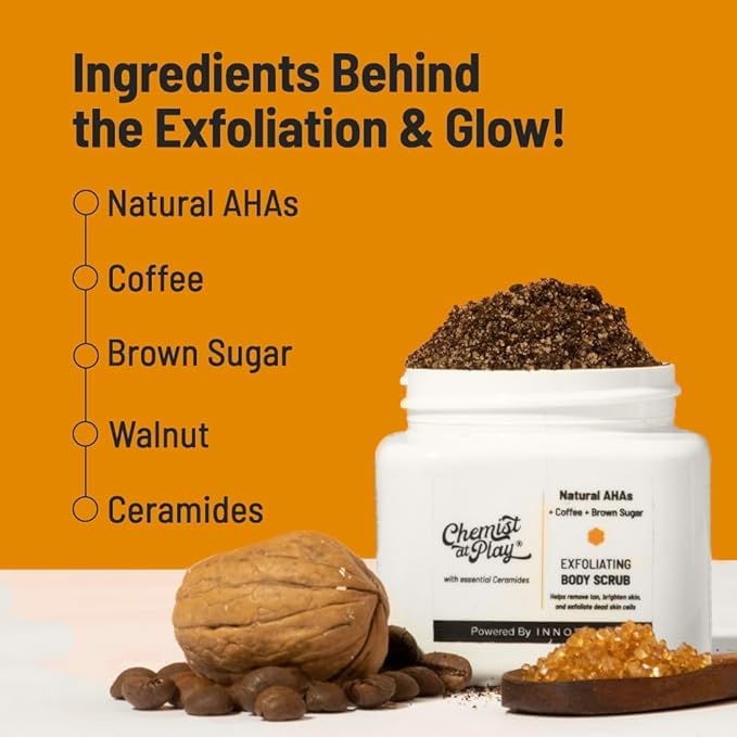 Chemist at Play Exfoliating Body Scrub For Removing Tan & Dead Skin Cells | Rough & Bumpy Skin, Tanned & Pigmented Skin | For Smooth, Soft & Bright Skin | Natural AHAs | Coffee | For Men & Women | 75g - Vamzn#