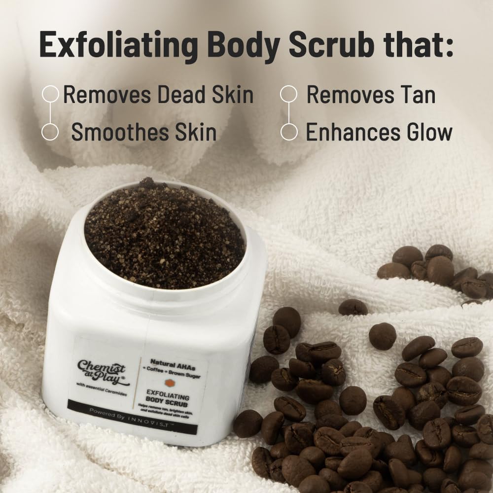 Chemist at Play Exfoliating Body Scrub For Removing Tan & Dead Skin Cells | Rough & Bumpy Skin, Tanned & Pigmented Skin | For Smooth, Soft & Bright Skin | Natural AHAs | Coffee | For Men & Women | 75g - Vamzn#