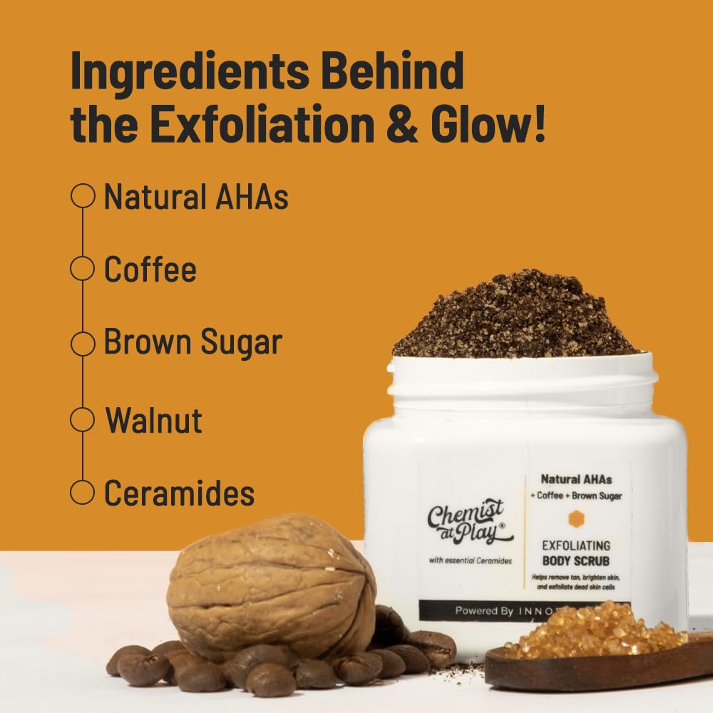 Chemist at Play Exfoliating Body Scrub For Removing Tan & Dead Skin Cells | Rough & Bumpy Skin, Tanned & Pigmented Skin | For Smooth, Soft & Bright Skin | Natural AHAs | Coffee | For Men & Women | 75g - Vamzn#