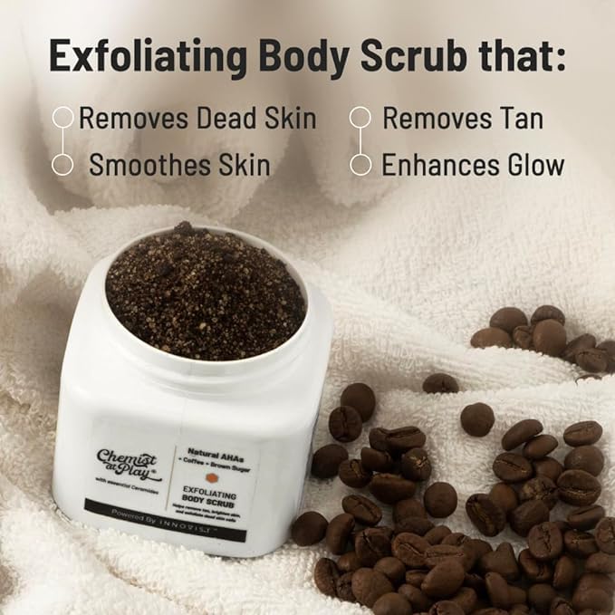 Chemist at Play Exfoliating Body Scrub For Removing Tan & Dead Skin Cells | Rough & Bumpy Skin, Tanned & Pigmented Skin | For Smooth, Soft & Bright Skin | Natural AHAs | Coffee | For Men & Women | 75g - Vamzn#