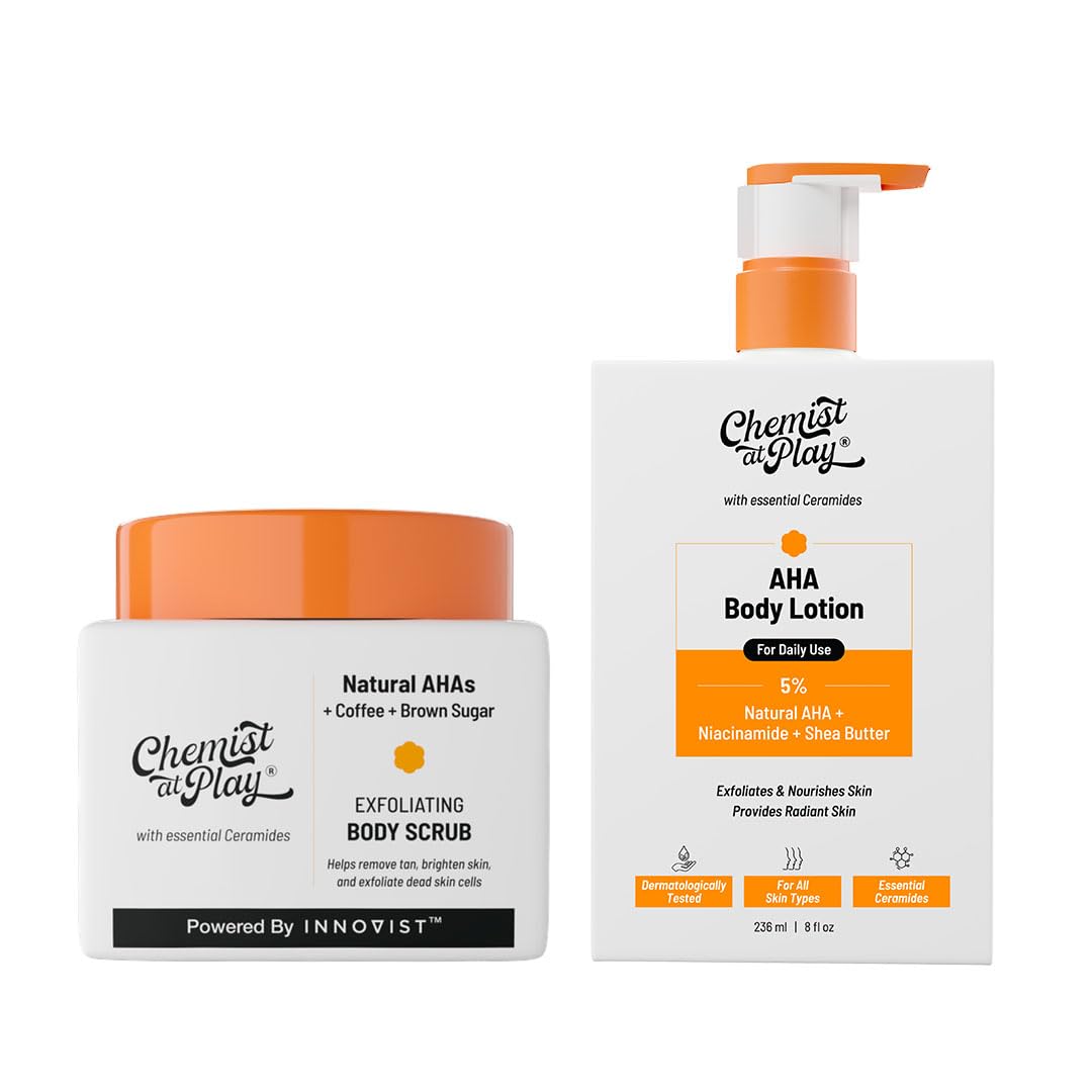 Chemist at Play Exfoliating Body Scrub For Removing Tan & Dead Skin Cells | Rough & Bumpy Skin, Tanned & Pigmented Skin | For Smooth, Soft & Bright Skin | Natural AHAs | Coffee | For Men & Women | 75g - Vamzn#