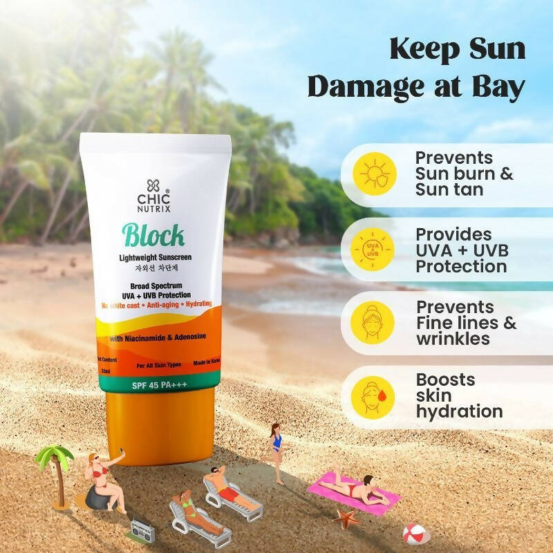 Chicnutrix Korean Block Lightweight Sunscreen SPF 45 PA+++ UVA + UVB Protection, Reduces Fine Lines And Wrinkles, Korean Skincare - Vamzn#