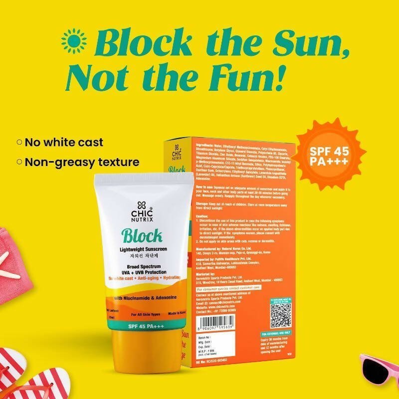 Chicnutrix Korean Block Lightweight Sunscreen SPF 45 PA+++ UVA + UVB Protection, Reduces Fine Lines And Wrinkles, Korean Skincare - Vamzn#
