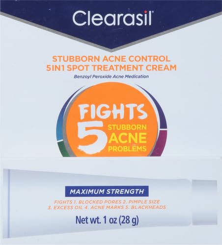 Clearasil Stubborn Acne Control 5in1 Spot Treatment Cream, Maximum Strenght with 10% Benzoyl Peroxide, Acne Medication, 1 oz - Vamzn#