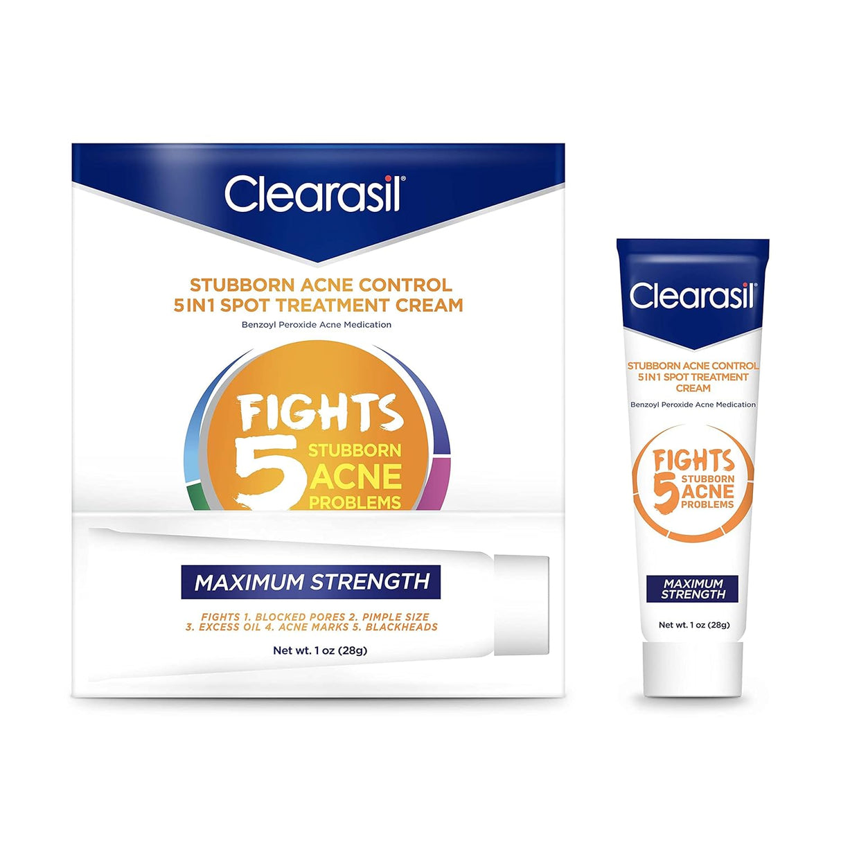 Clearasil Stubborn Acne Control 5in1 Spot Treatment Cream, Maximum Strenght with 10% Benzoyl Peroxide, Acne Medication, 1 oz - Vamzn#