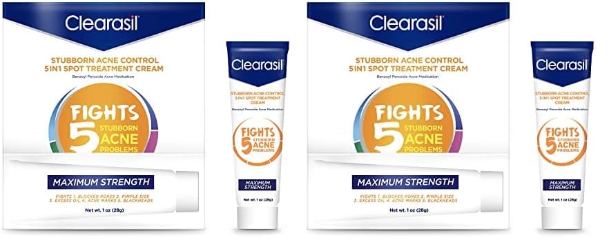 Clearasil Stubborn Acne Control 5in1 Spot Treatment Cream, Maximum Strenght with 10% Benzoyl Peroxide, Acne Medication, 1 oz - Vamzn#