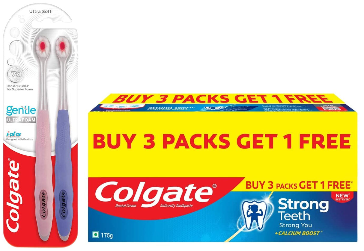 Colgate Gentle Toothbrush Ultrafoam, Ultra Soft Manual Toothbrush For Adults - 2 Pcs, Multi Colour - Vamzn#