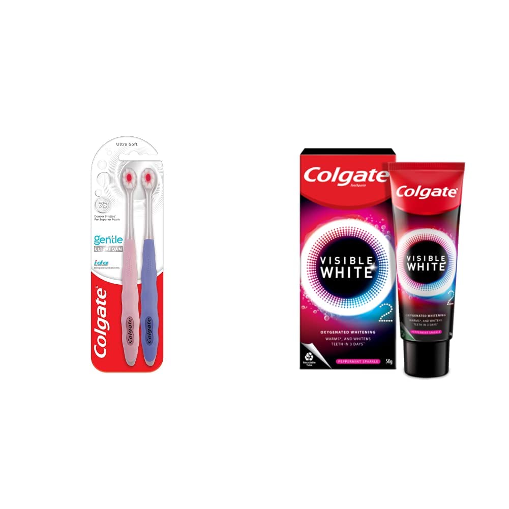 Colgate Gentle Toothbrush Ultrafoam, Ultra Soft Manual Toothbrush For Adults - 2 Pcs, Multi Colour - Vamzn#