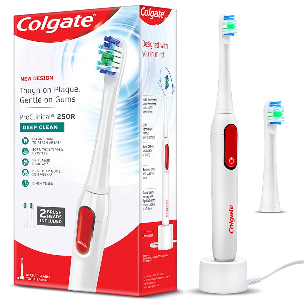 Colgate Proclinical 250R Deep Clean Rechargeable Sonic Toothbrush for adults, Electric Toothbrush with Soft Bristles, Healthier Gums in 4 Weeks (With Replaceable Brush Head, Charger included,White) - Vamzn#