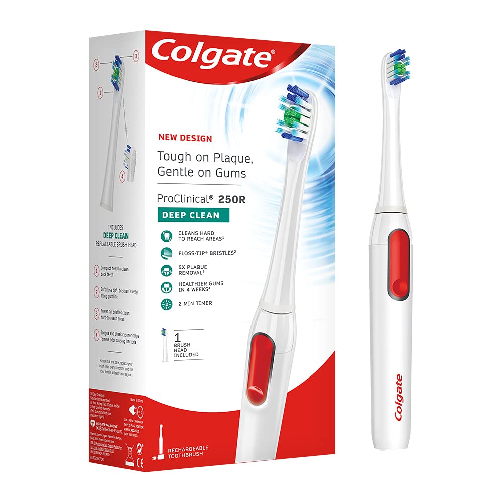 Colgate Proclinical 250R Deep Clean Rechargeable Sonic Toothbrush for adults, Electric Toothbrush with Soft Bristles, Healthier Gums in 4 Weeks (With Replaceable Brush Head, Charger included,White) - Vamzn#