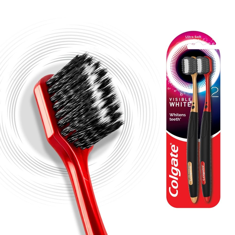 Colgate Visible White O2 Manual Toothbrush - 2 Pcs, Ultra Soft Toothbrush for Adults, Helps prevent Bad Breath, Cavities, Enamel & Gum Problems. - Vamzn#