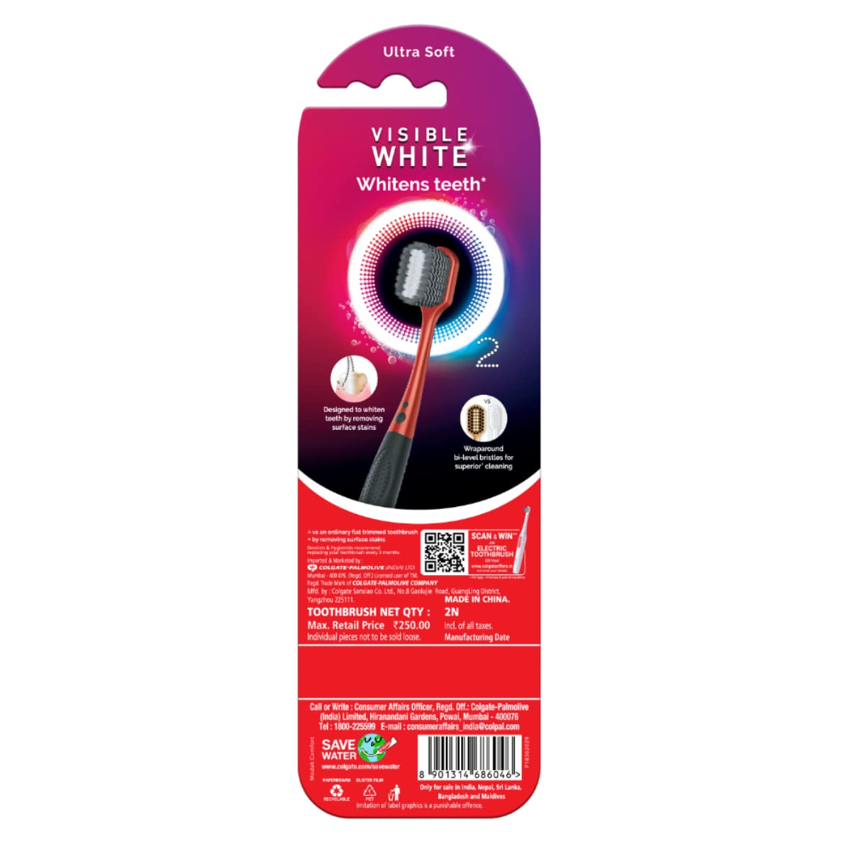 Colgate Visible White O2 Manual Toothbrush - 2 Pcs, Ultra Soft Toothbrush for Adults, Helps prevent Bad Breath, Cavities, Enamel & Gum Problems. - Vamzn#