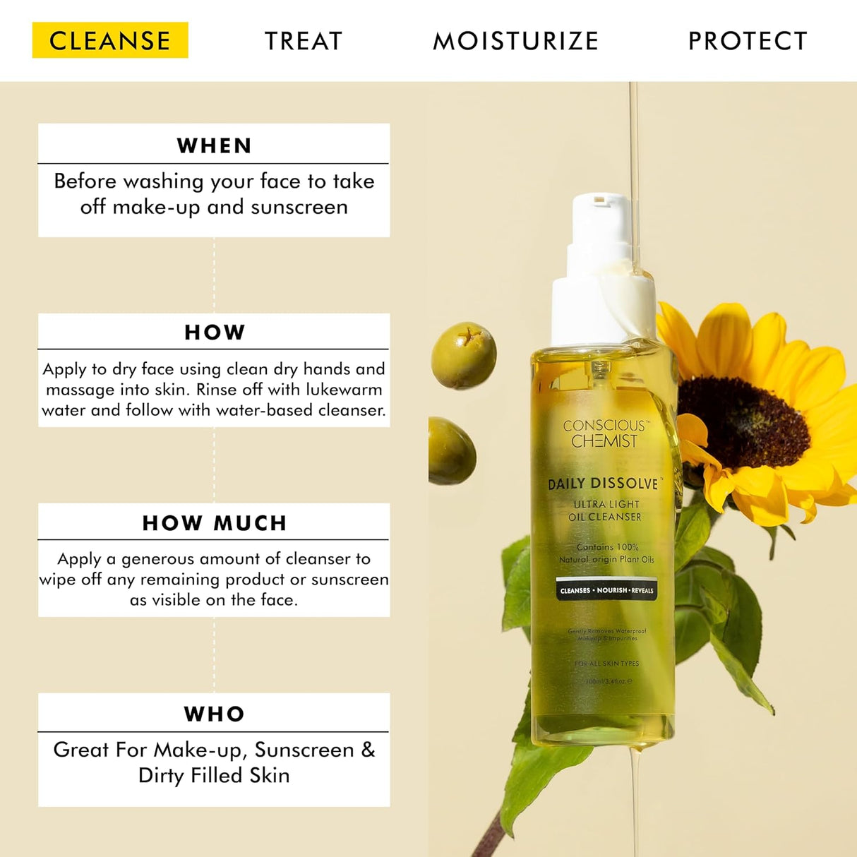 Conscious Chemist® Ultra Light Oil Face Cleanser (100ml) With Olives | Removes Makeup, SPF And Impurities For Soft & Glowing Skin | 100% Natural Oils | Cruelty Free - Vamzn#