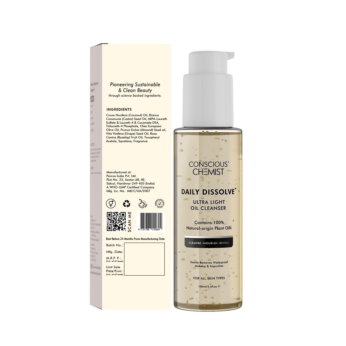 Conscious Chemist® Ultra Light Oil Face Cleanser (100ml) With Olives | Removes Makeup, SPF And Impurities For Soft & Glowing Skin | 100% Natural Oils | Cruelty Free - Vamzn#