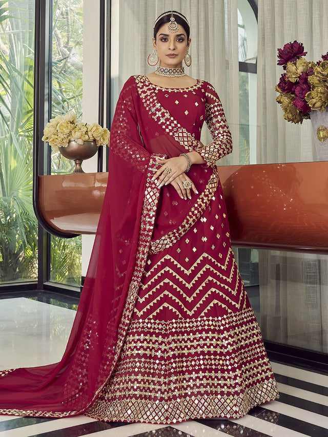 Coral Red Georgette Embroidered Designer Lehenga - Vamzn#