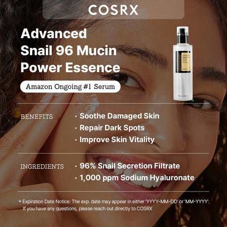 COSRX Snail Mucin 96% Power Repairing Essence 3.38 fl.oz 100ml, Hydrating Serum for Face with Snail Secretion Filtrate for Dull Skin & Fine Lines, Korean Skin Care - Vamzn#