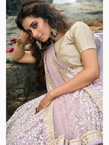 Cream and Lilac Net Embroidered Lehenga Choli - Vamzn#