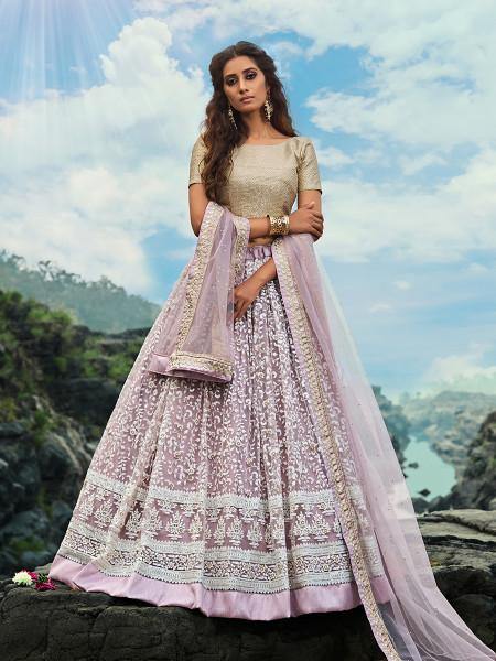 Cream and Lilac Net Embroidered Lehenga Choli - Vamzn#