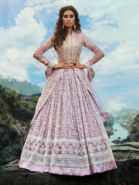 Cream and Lilac Net Embroidered Lehenga Choli - Vamzn#