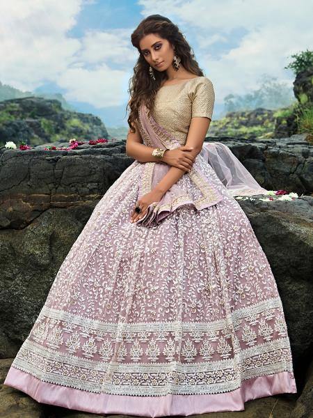 Cream and Lilac Net Embroidered Lehenga Choli - Vamzn#