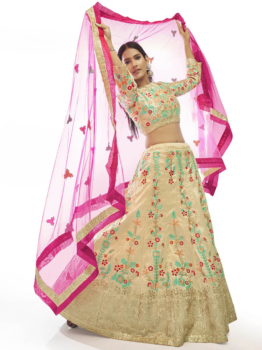 Cream Art Silk Embroidered Designer Lehenga - Vamzn#