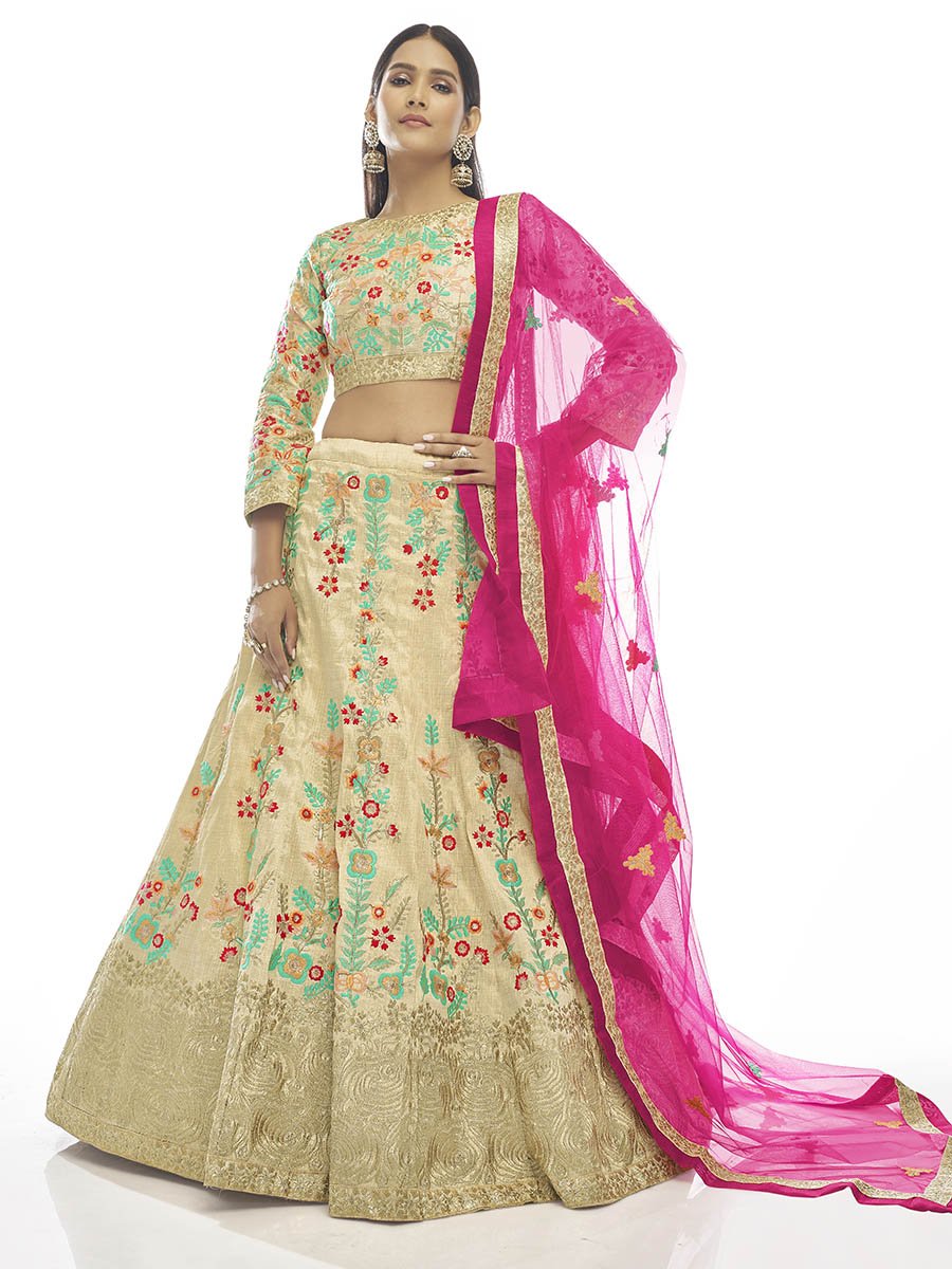 Cream Art Silk Embroidered Designer Lehenga - Vamzn#