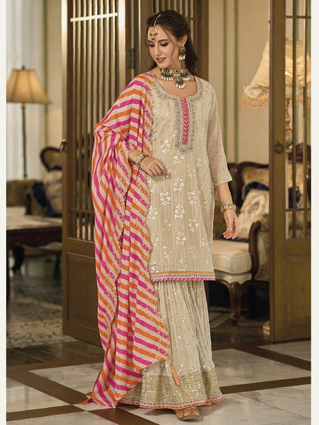 Cream Embroidered Sharara - Vamzn#