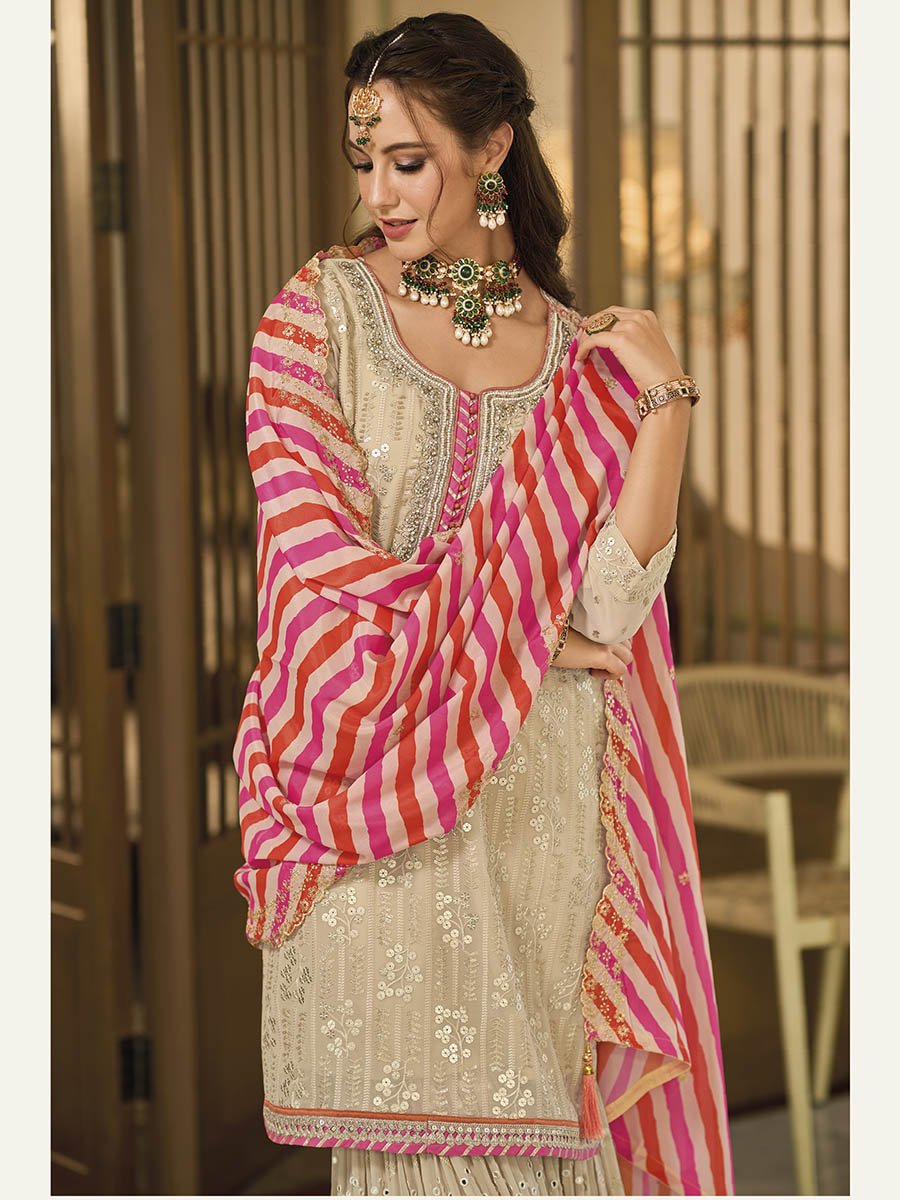 Cream Embroidered Sharara - Vamzn#