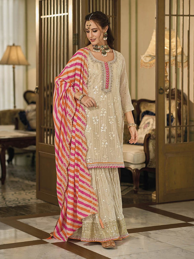 Cream Embroidered Sharara - Vamzn#