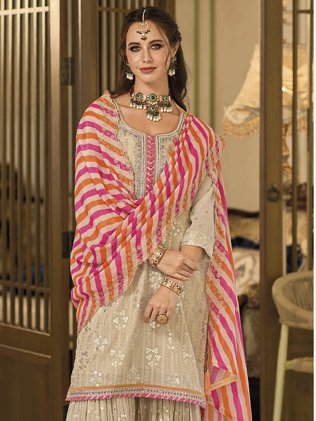 Cream Embroidered Sharara - Vamzn#