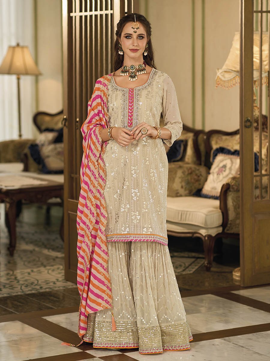 Cream Embroidered Sharara - Vamzn#