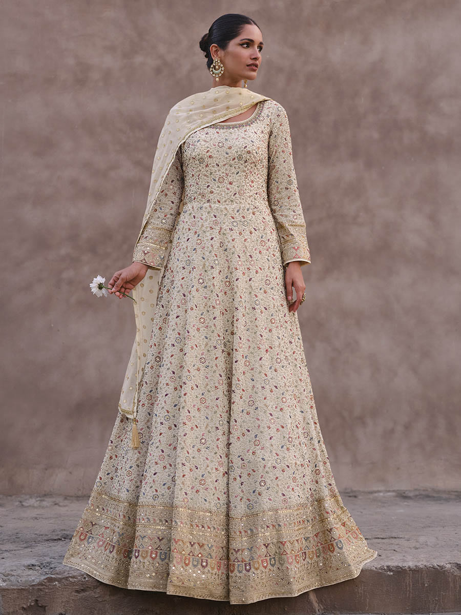 Cream Georgette Gown Style Party Wear Suit - Vamzn#