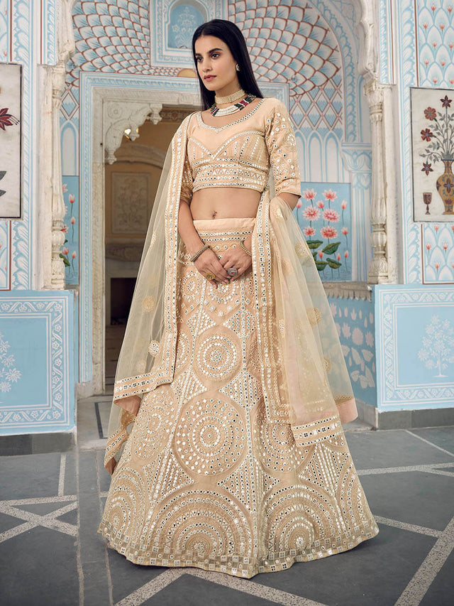 Cream Organza Embroidered Lehenga - Vamzn#