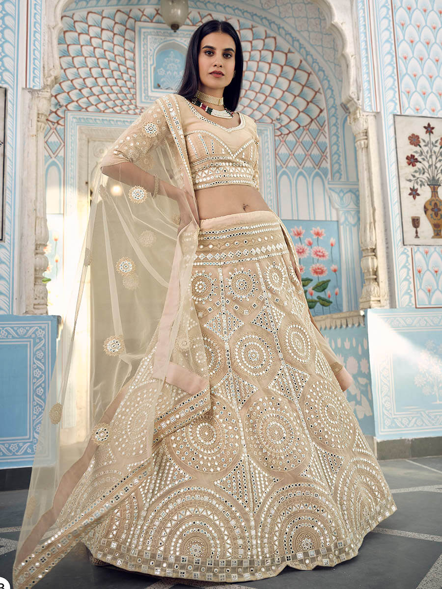 Cream Organza Embroidered Lehenga - Vamzn#