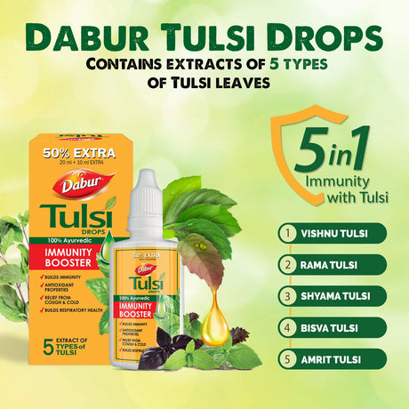 Dabur Tulsi Drops : 30ml (20ml + 10ml Free) | Contains Extracts of 5 Rare Tulsi | Boosts Immunity | Cough And Cold Relief | 100% Ayurvedic | Builds Respiratory Health - Vamzn#