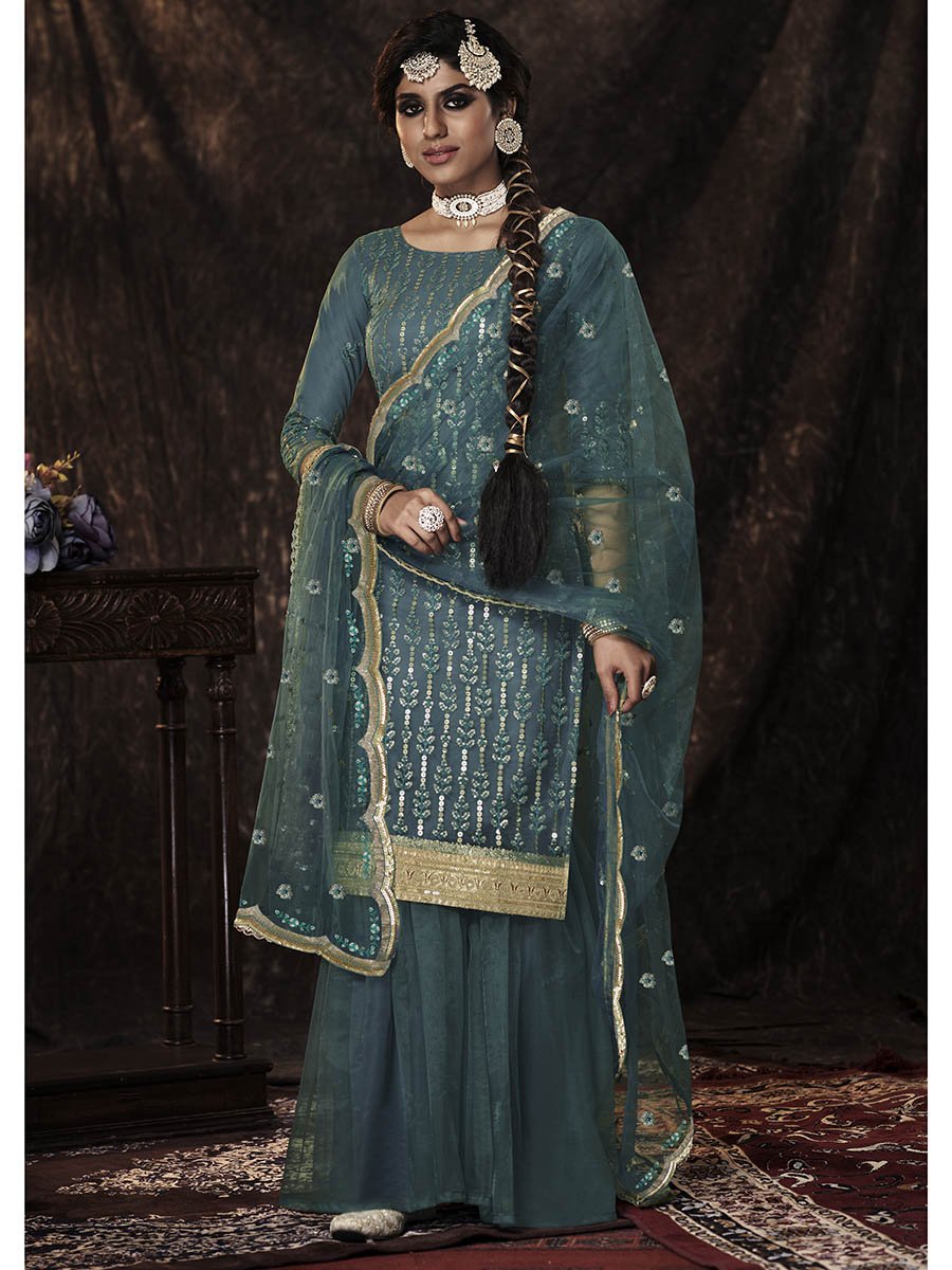 Dark Firozi Net Embroidered Sharara Suit - Vamzn#