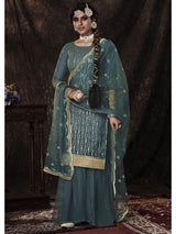 Dark Firozi Net Embroidered Sharara Suit - Vamzn#